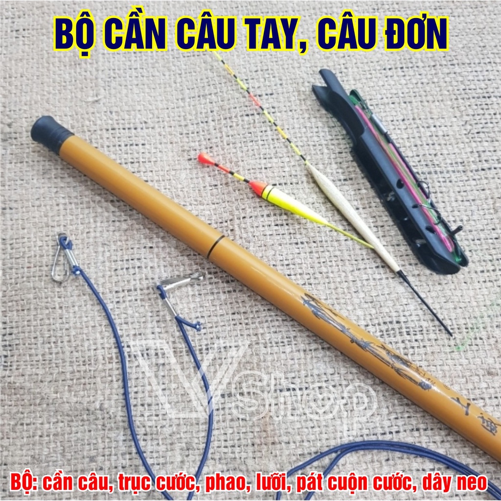 Cần câu tay carbon, câu đơn, kèm cước, lưỡi, phao, dây neo cần, pát quấn cước.