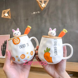 Cốc Sứ Nắp Gỗ Thỏ và Cà rốt Zanmoo siêu dễ thương
