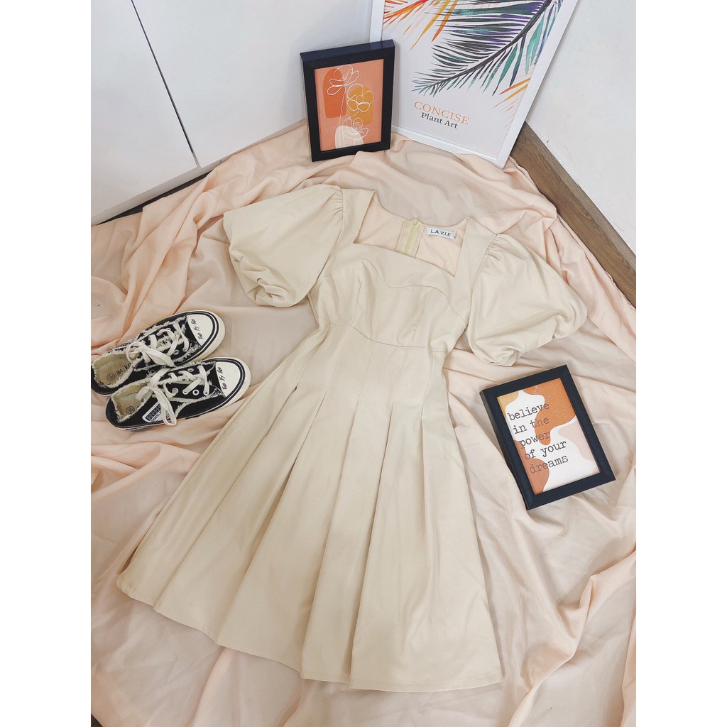 Đầm Cổ Vuông ⚡️FREESHIP⚡️ Tay Phồng Dáng Xòe Tà Xếp Ly | BigBuy360 - bigbuy360.vn