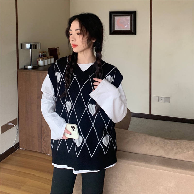 MỚI Áo sweater không tay cổ chữ v dáng rộng phong cách retro dành cho nữ