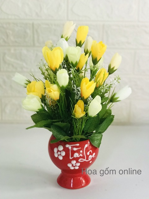 Chậu hoa cắm sẵn - chậu hoa tulip vải cắm sẵn