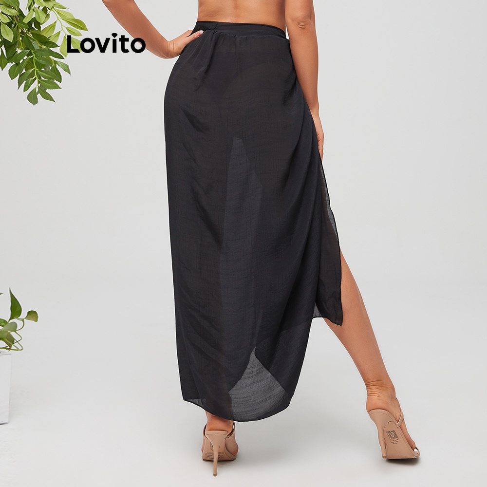 Khăn choàng đi biển Lovito dáng rộng kiểu thắt nút màu trơn phong cách boho L11046 (màu đen)