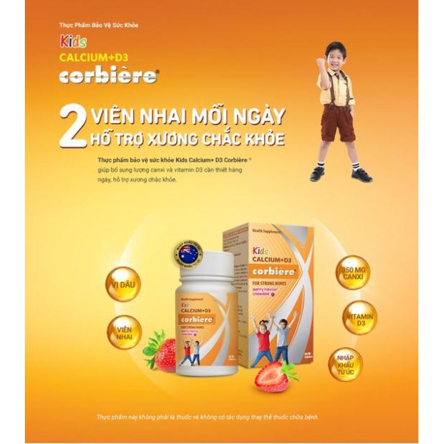 Kids Calcium D3 Corbiere - Chai 30 viên nhai hương dâu