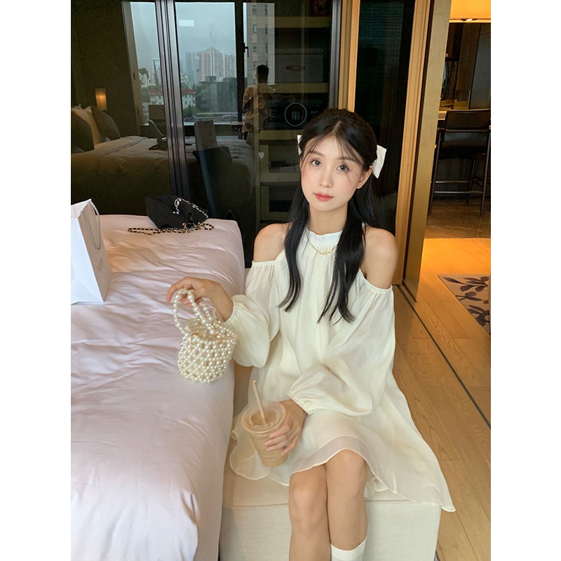 Đầm Chữ A Dài Tay Trễ Vai Phong Cách Hàn Quốc Cho Nữ