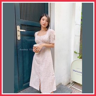 Váy hoa nhí trắng dáng dài cổ vuông
