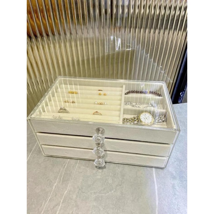 Khay nhung 3 tầng đựng trang sức đồng hồ khung-Hộp đựng trang sức chống bụi ba lớp trong suốt