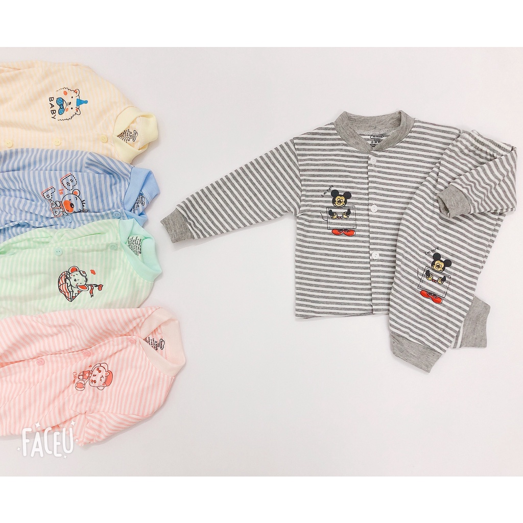 Bộ cotton nỉ kẻ dài tay khuy giữa noubaby thi đông cho bé trai, bé gái