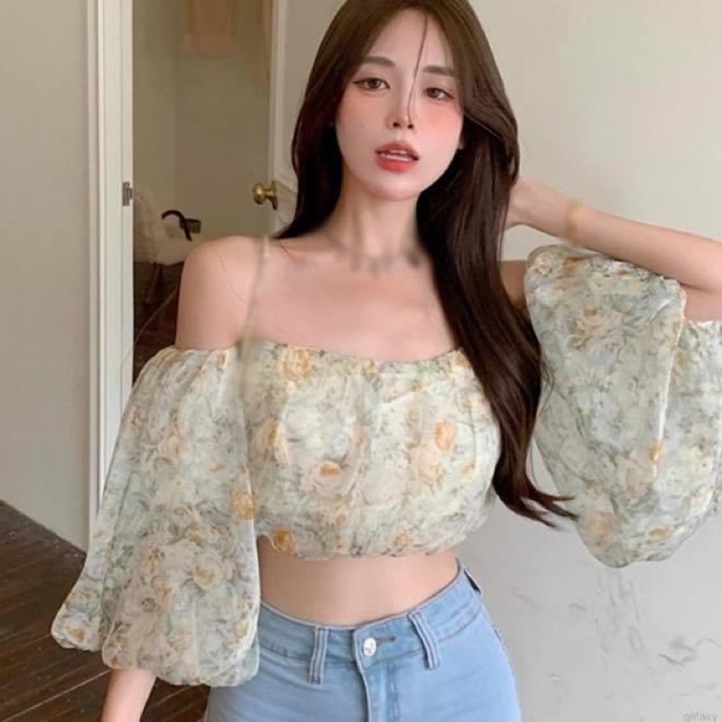 Áo kiểu croptop tay dài phồng nữ voan trễ vai cúp ngực hoa nhí - Order taobao quảng châu