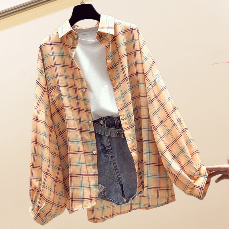 Áo sơ mi tay dài dáng rộng họa tiết kẻ sọc caro phong cách mùa xuân Hàn Quốc năm 2021 trẻ trung