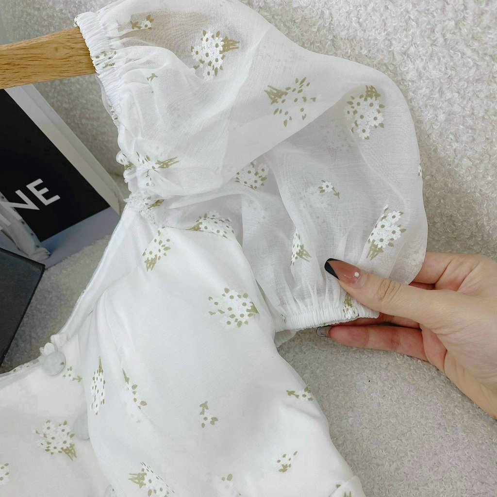 Váy đầm nữ dáng xoè tay con cổ vuông hoạ tiết hoa nút bọc chât vải voan 2 lớp cao cấp