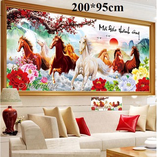 Tranh đính đá + tranh thêu ngựa Mã đáo thành công đào trắng 222979 LV3442 LV3443 DF222 DF354