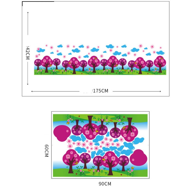 Decal trang trí tường - Chân tường hàng cây tím trên thảm cỏ