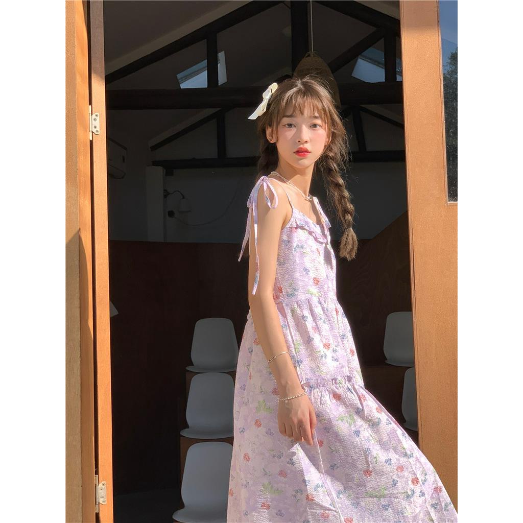 Đầm Hai Dây Lưng Cao Họa Tiết Hoa Màu Tím 62386