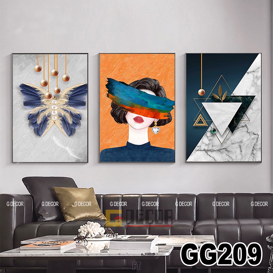 Tranh treo tường canvas khung gỗ 3 bức phong cách hiện đại Bắc Âu 168, tranh cô gái trang trí phòng khách, phòng ngủ