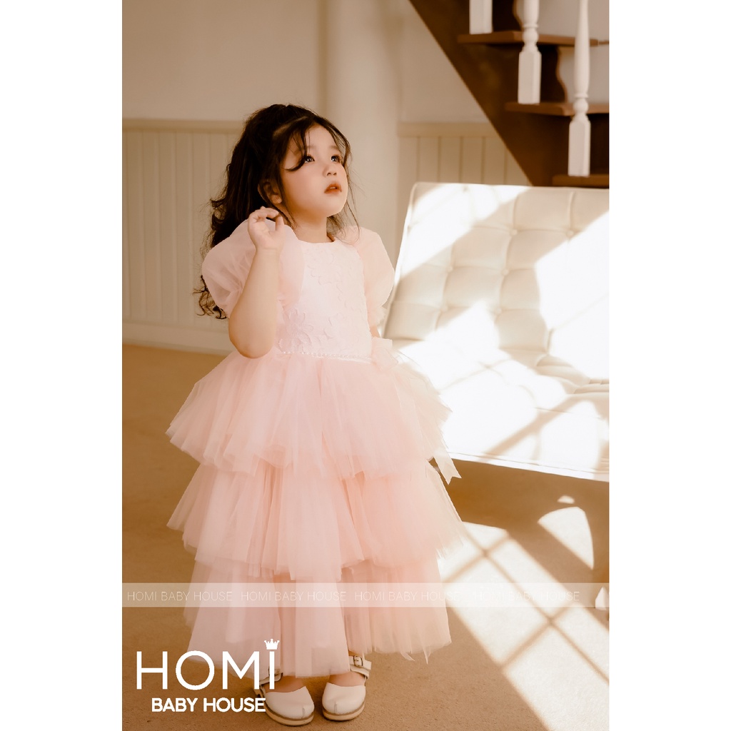 Váy công chúa Rose cho bé gái HOMI BABY HOUSE đầm công chúa hồng tay phồng 3 tầng cho bé gái dự tiệc dạo phố