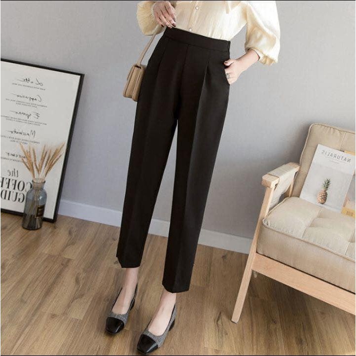 Quần baggy nữ Chun sau Quần tây Công Cở dáng dài Cạp Cao Vải Đen