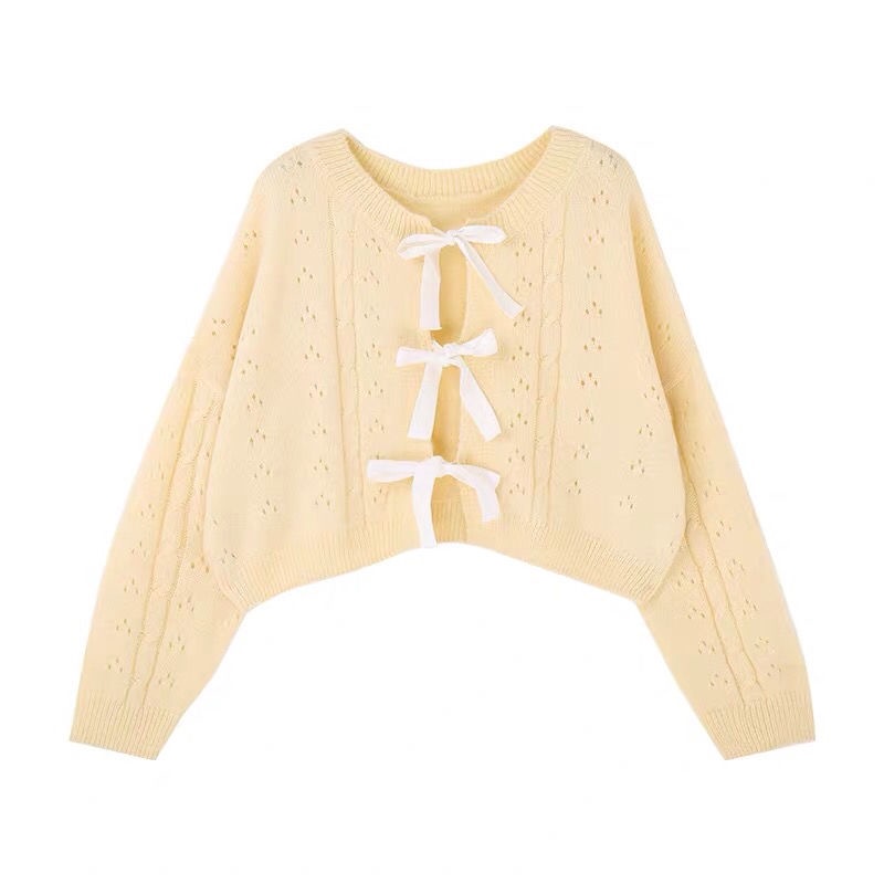 Áo khoác cardigan dệt kim dáng rộng phối thắt nơ dễ thương cho nữ