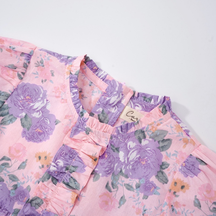 Váy bé gái CARROT đầm xòe tay lỡ viền bèo ngực, hoạ tiết hoa tím, chất liệu Thô cotton thấm hút mồ hôi tốt