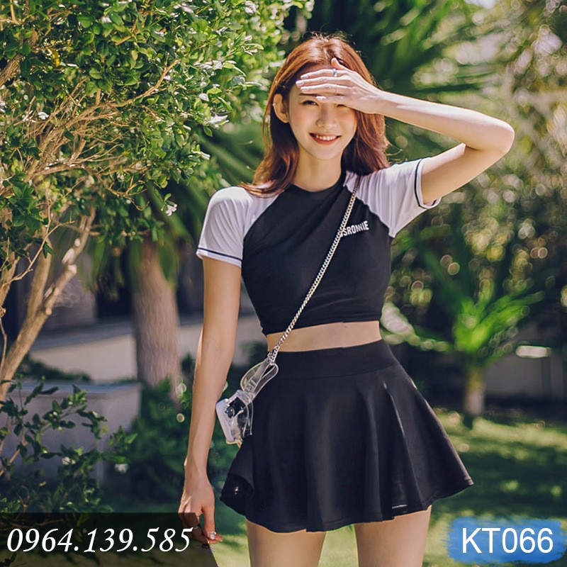 Bộ bơi 2 mảnh nữ kín đáo, dáng quần váy áo cộc tay, có sẵn đệm tròn, chất thun bơi co giãn đẹp, che khuyết điểm | KT066