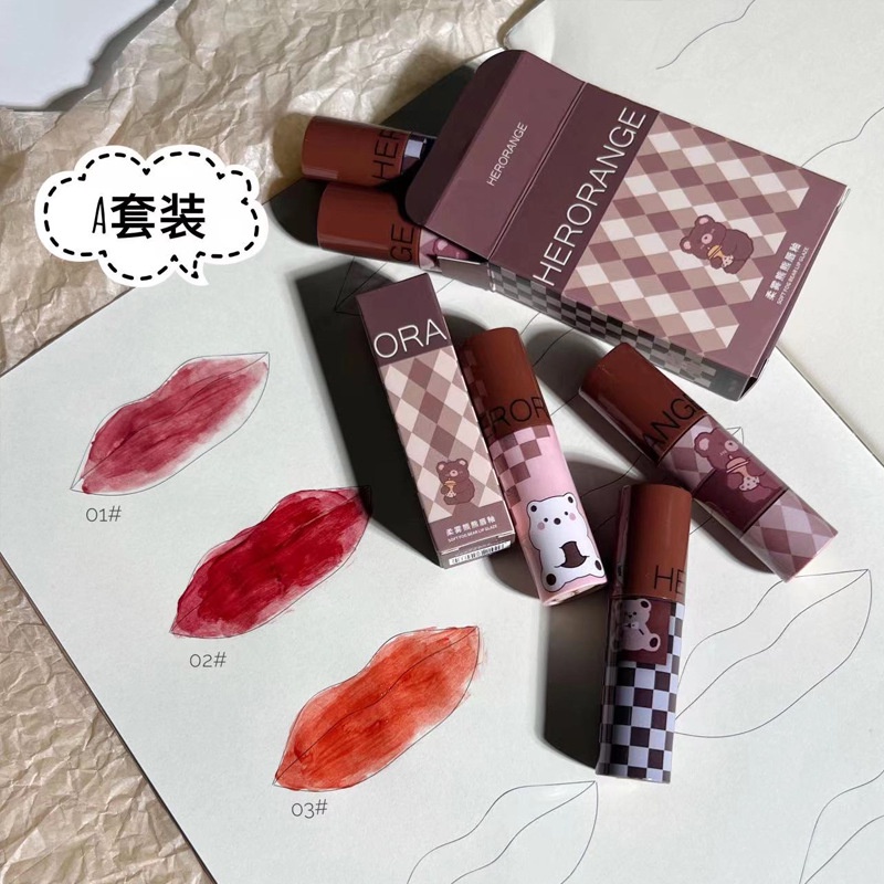Herorange ~ Bộ Son Bóng Thủy Tinh Nước Mềm Mịn Hình Gấu Mật Ong Kẻ Caro Cho Nữ Sinh