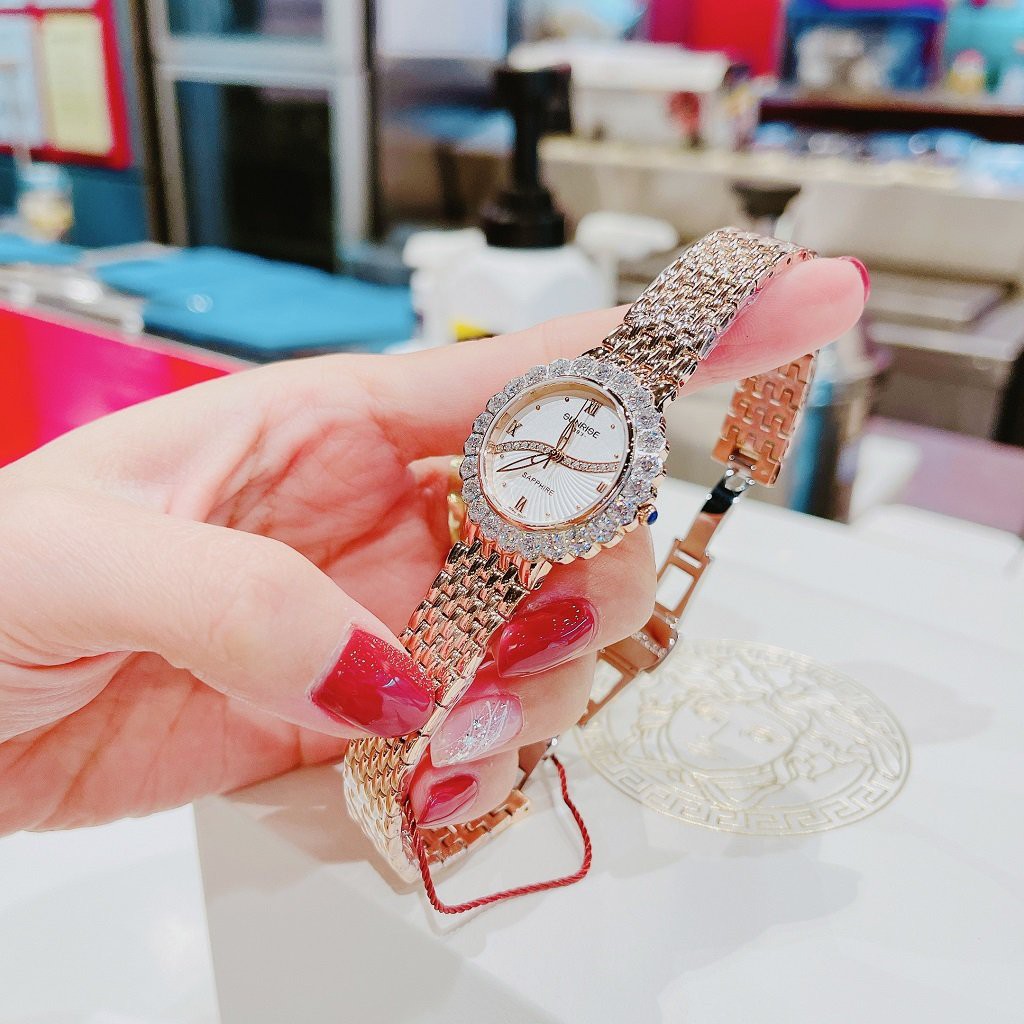 Đồng Hồ Nữ Sunrise Đính Đá Dây Đồng Mặt Trắng 30mm