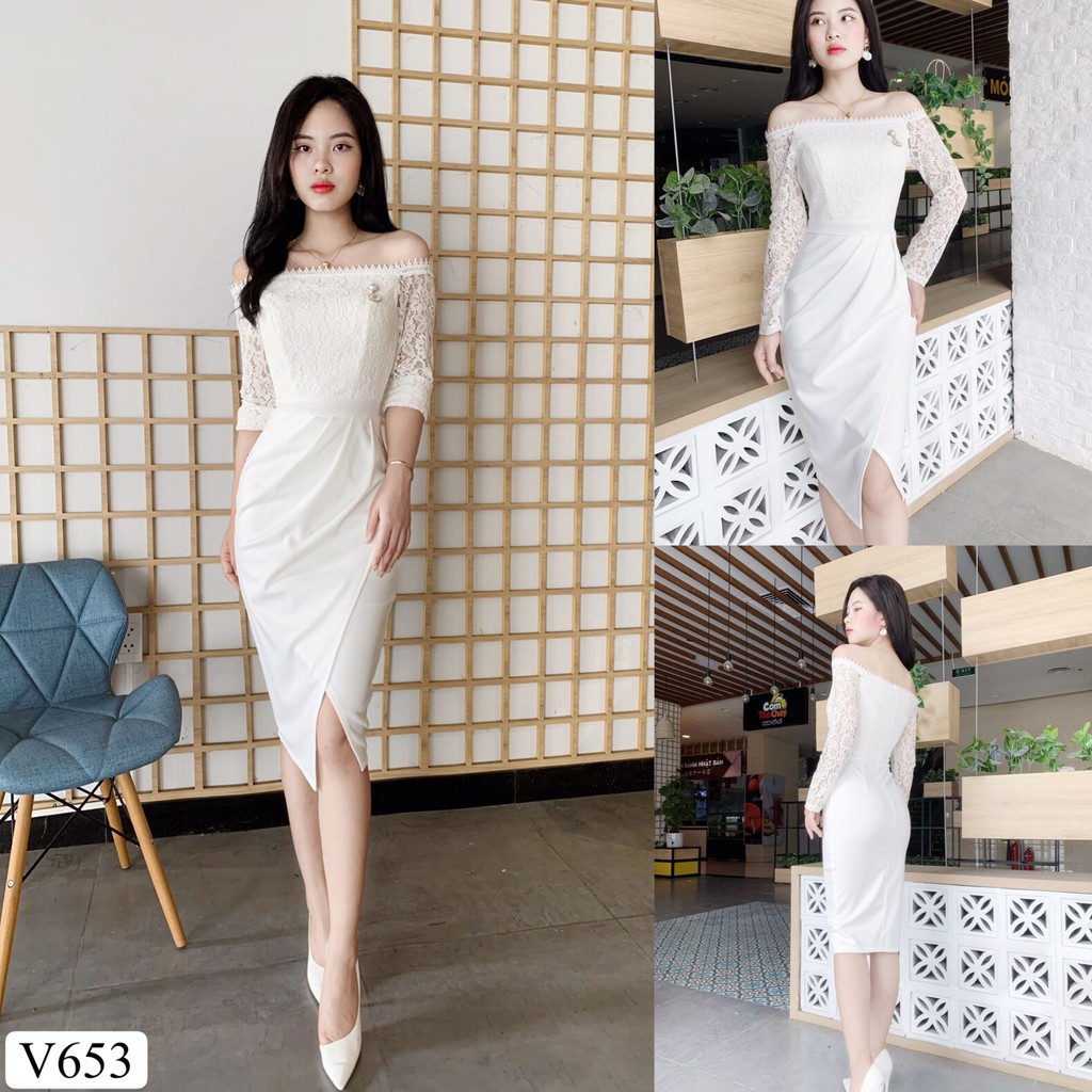 Váy body ren trễ vai V653 - Đẹp Shop DVC (Kèm ảnh thật trải sàn do shop tự chụp)