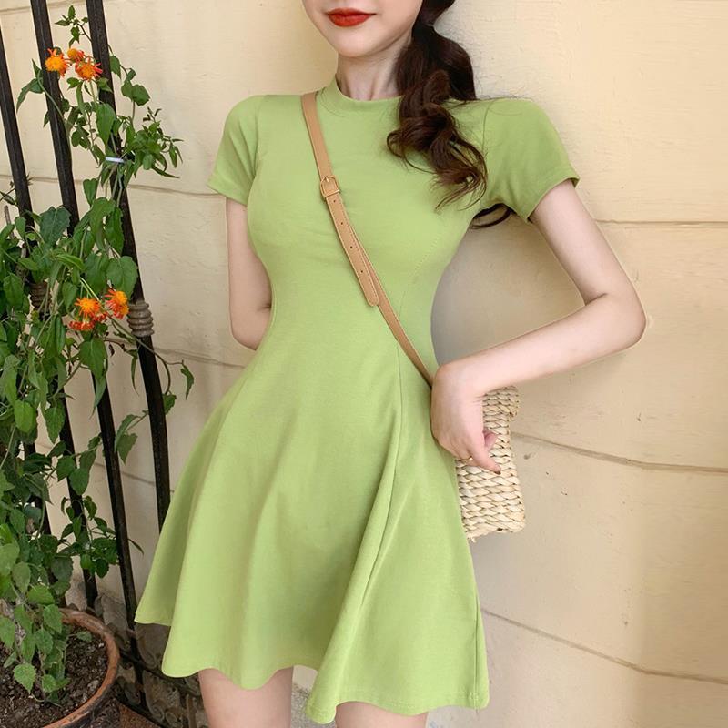 Đầm Tay Ngắn Dáng Ôm Màu Trơn Phong Cách Hàn Quốc Thời Trang Mùa Hè Mới Cho Nữ