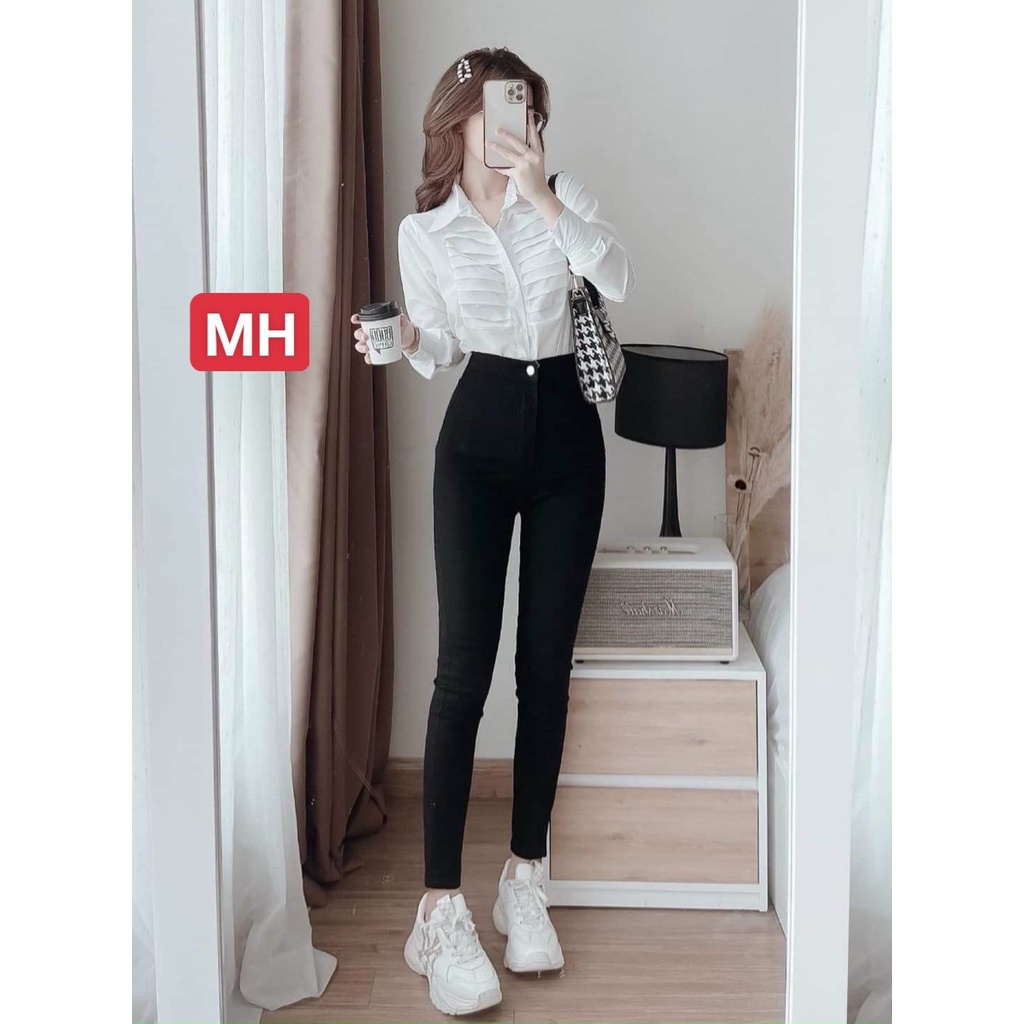 Quần jeans nữ, quần jeans lưng cao dáng ôm co dãn màu đen size S M L BASIC SKUQ-33A