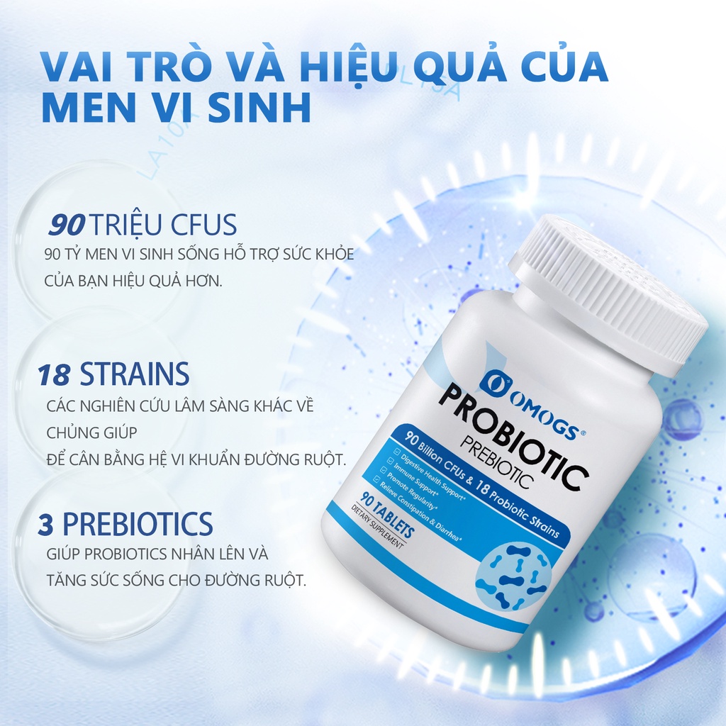 OMOGS Probiotics cho phụ nữ cho trẻ em cho người lớn cho nam giới Unisex & Thực phẩm bổ sung Prebiotics 90 viên