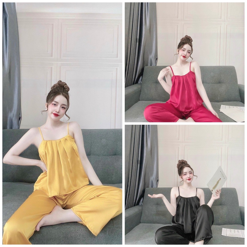 Đồ mặc nhà nữ đẹp, áo 2 dây kèm quần dài chất lụa satin đẹp, mát, ít nhăn, kiểu dáng thanh lịch, phom dưới 55kg