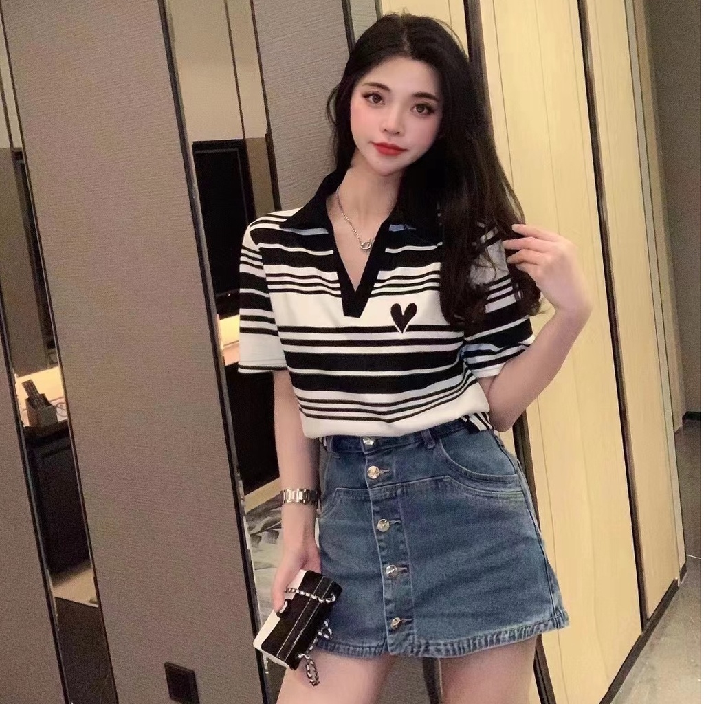 Đầm/ Áo thun PERTY tay ngắn cổ chữ V phong cách Hàn Quốc thời trang mùa hè thanh lịch dành cho nữ