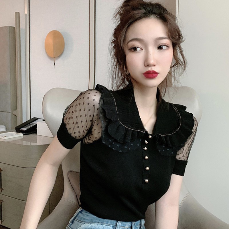 Áo Kiểu Tay Ngắn Phối Nút Thiết Kế Cổ Búp Bê Thanh Lịch