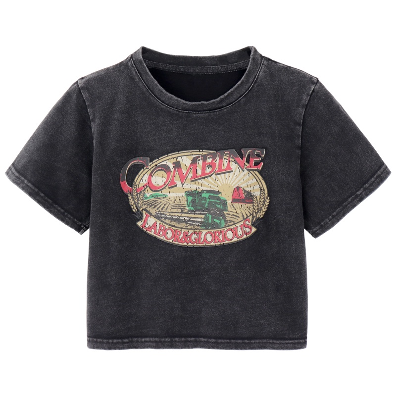 Porozi  Áo thun lửng  tay ngắn cổ tròn dáng ôm in họa tiết phong cách retro Hàn Quốc thời trang cho nữ