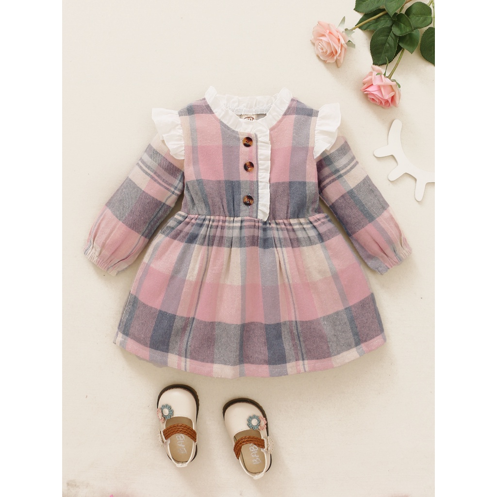 Đầm Mikrdoo họa tiết kẻ caro tay dài phối màu hồng dễ thương nhún bèo phong cách công chúa cho bé gái
