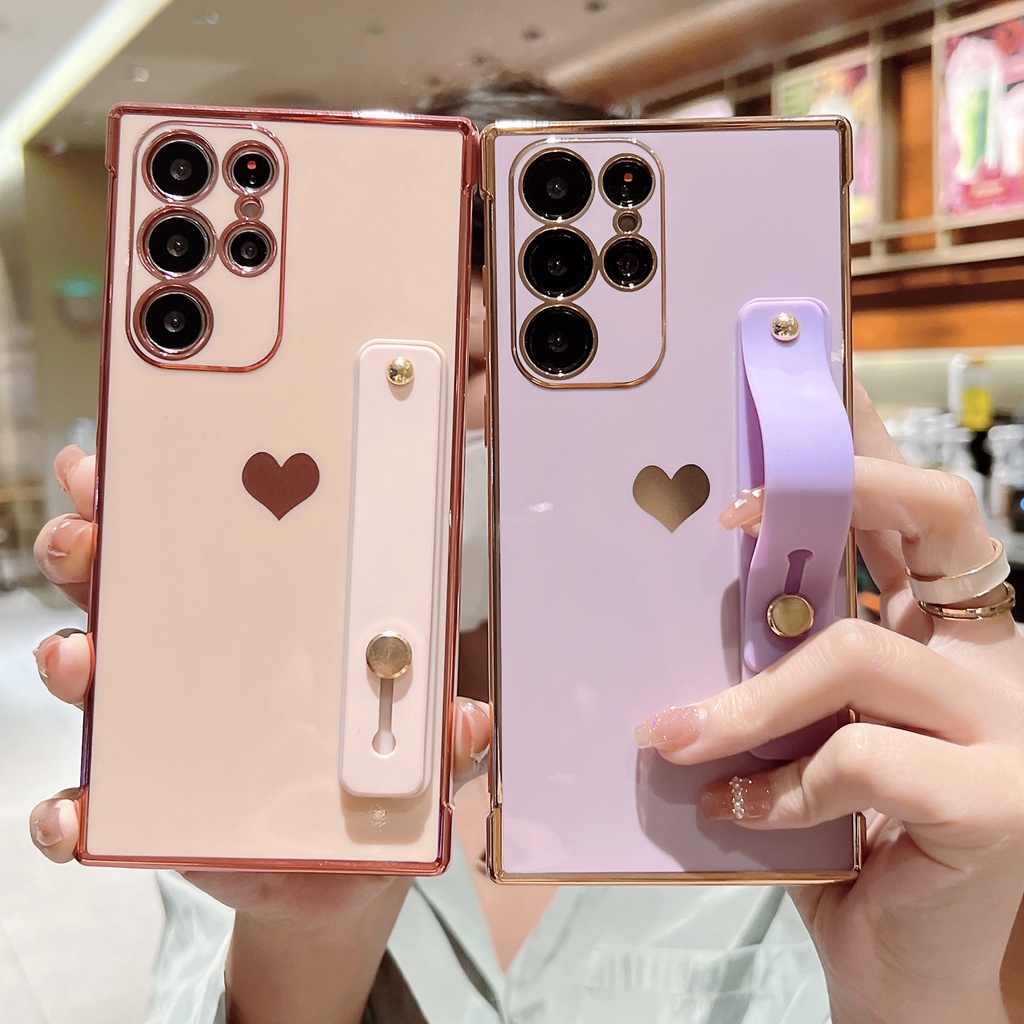 Ốp Điện Thoại Vuông Mềm Hình Trái Tim Dễ Thương Có Dây Đeo Cổ Tay Cho Samsung Galaxy A53 A13 A52 A12 5G S21 S22 Ultra Plus S21FE S20FE