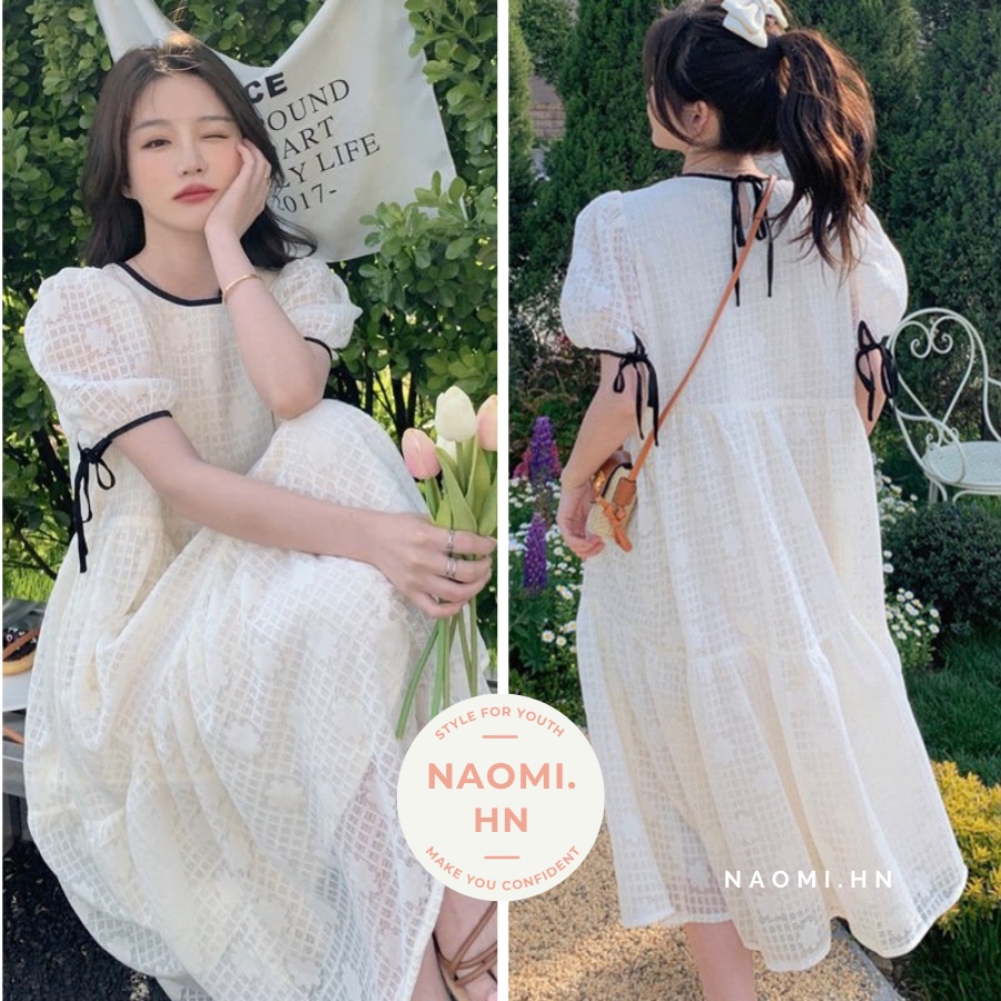 Váy babydoll ngắn tay ren phối viền chỉ buộc nơ 2 tầng xoè. Đầm babydoll ren hoa thừng tiểu thư tay phồng form rộng cute