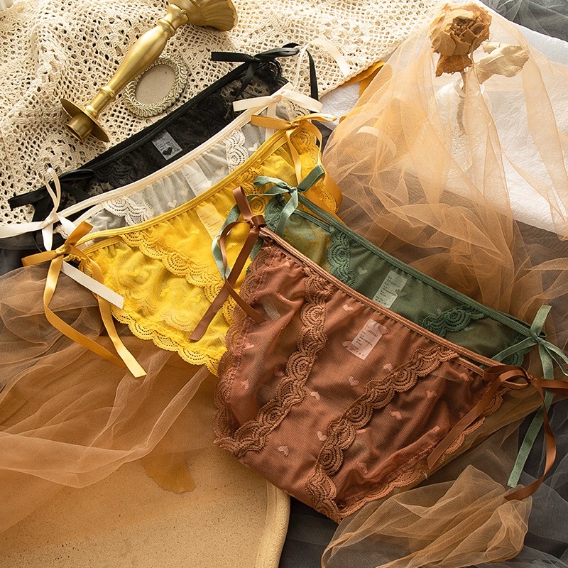 [Có BIGSIZE] Quần Lót Ren Dây Hông Đính Nơ Hoạ Tiết Trái Tim Chíp Nữ Ren Xuyên Thấu Cao Cấp Mainia Shop