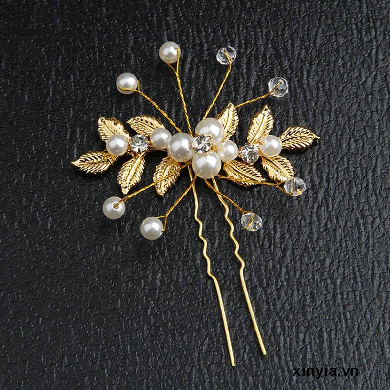 Trâm Cài Tóc Hình Chữ U Họa Tiết Lá Cây Đính Ngọc Trai Thời Trang Cho Cô Dâu