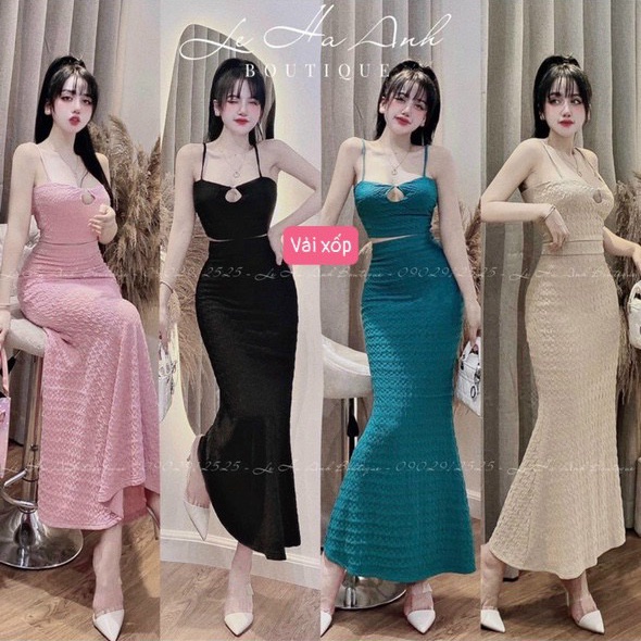 Sét gân áo 2 dây khoét tròn ngực phối chân váy dài xòe dưới cực xinh , chất gân tên mềm mát ly