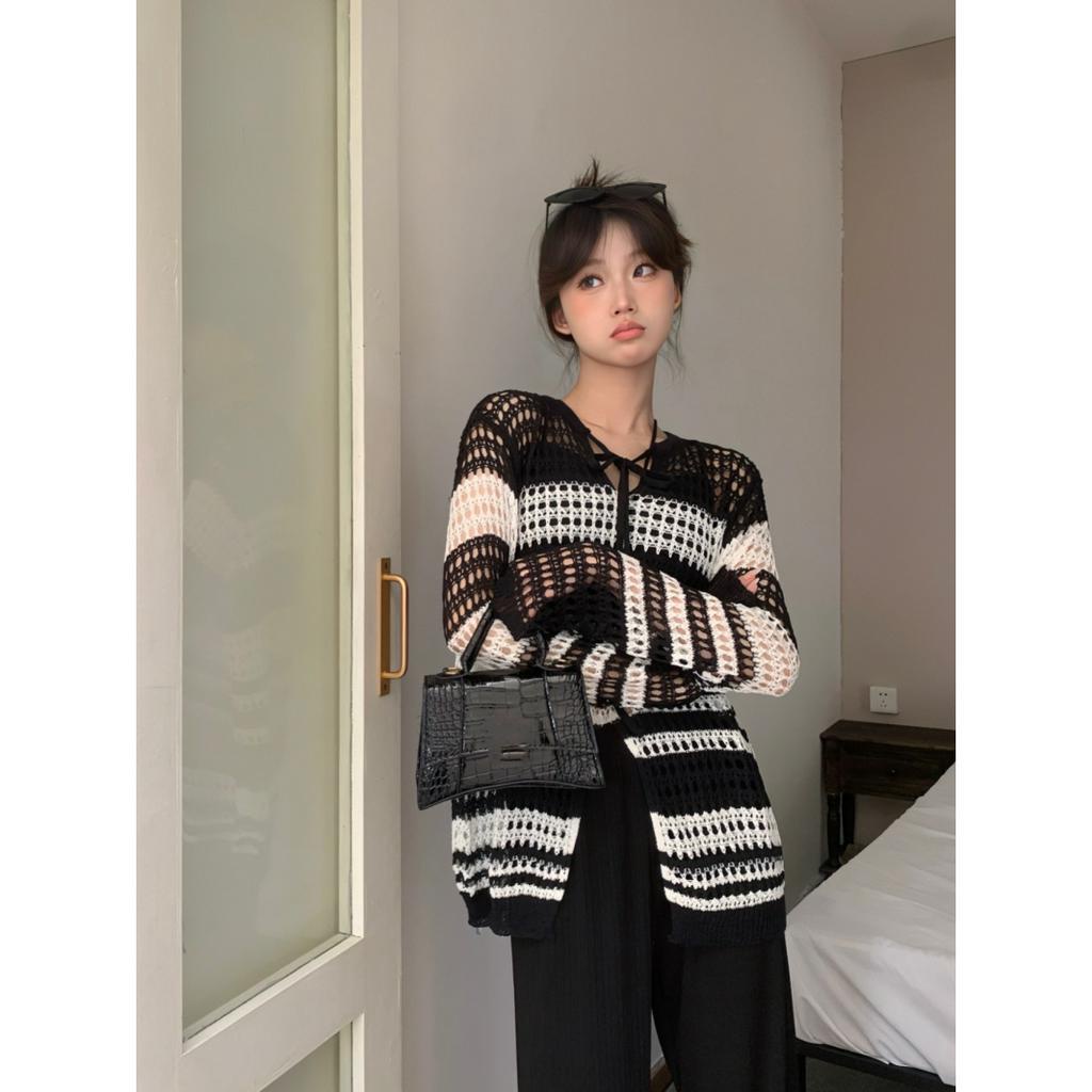 Áo Dệt Kim Tay Dài Dáng Rộng Họa Tiết Kẻ Sọc Thời Trang Cho Nữ