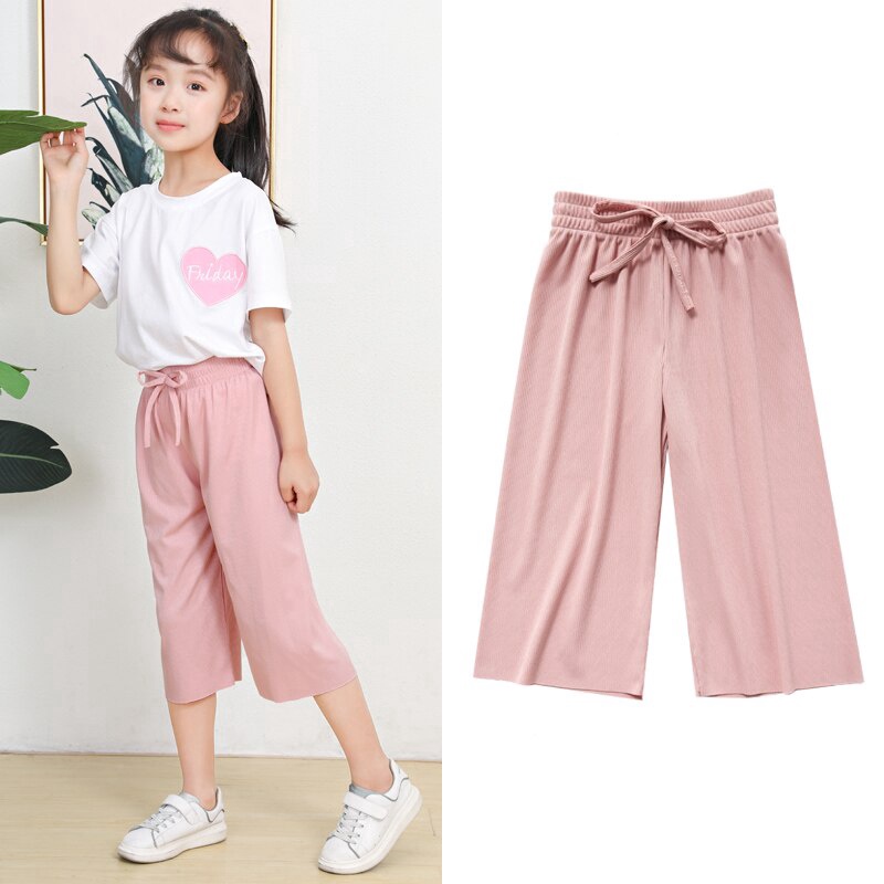 Quần Lửng Vải Lụa Lạnh Ống Rộng Thời Trang Mùa Hè Dành Cho Bé Gái 5-12 Tuổi