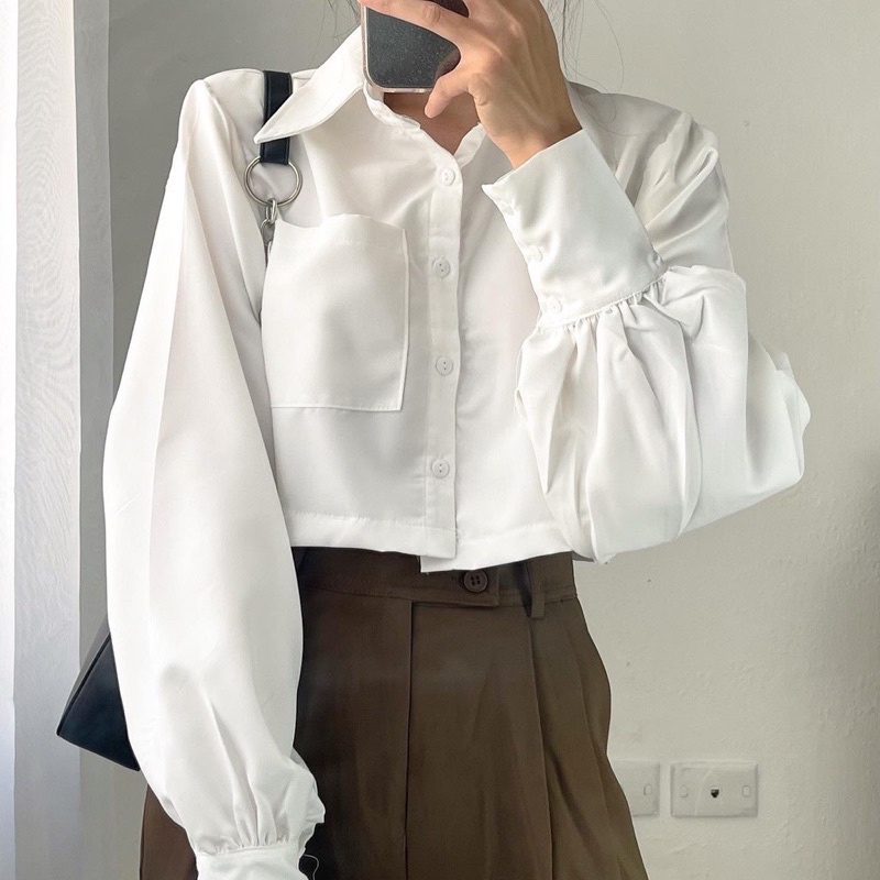 [Ảnh thật/Video]ÁO SƠMI CROPTOP MỚI dài tay ba cúc phong cách Ulzzang siêu Hàn Quốc