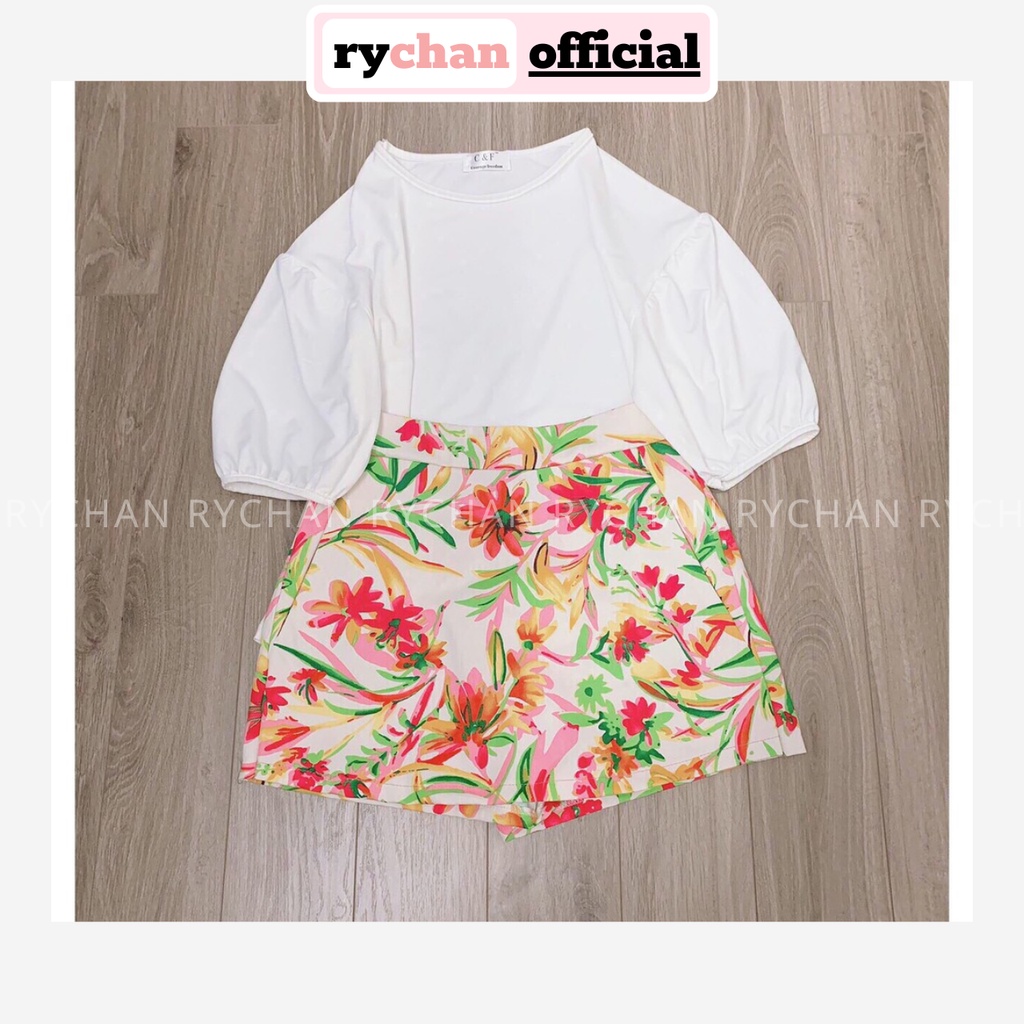 SE933 - Set Chân Váy Hoa Mix Áo Thun Trắng Kèm Hình Thật Set Hoa Váy Áo