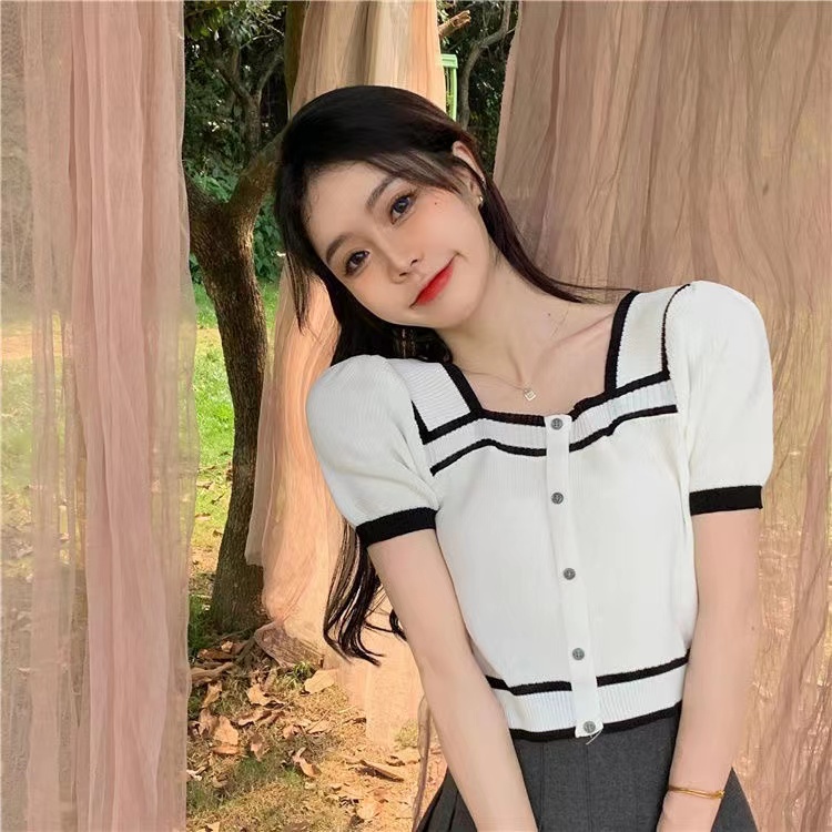 【Hana and Alice】Áo Thun Dệt Kim Tay Ngắn Cổ Vuông Phong Cách Pháp Thời Trang Mùa Hè Cho Nữ