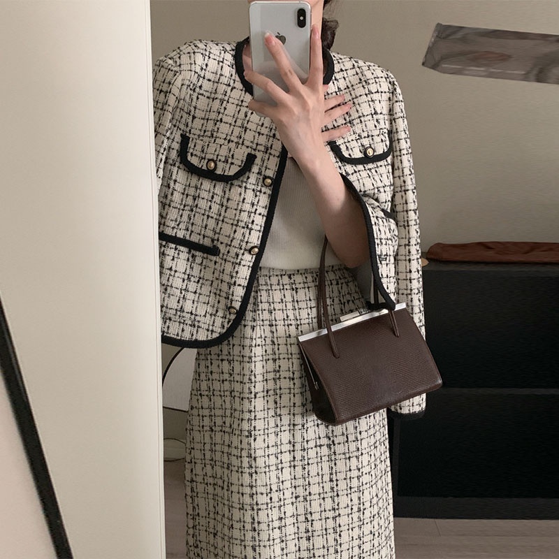 (ORDER) Bộ áo khoác dạ tweed phối viền đen sang trọng Hàn Quốc + Chân váy dáng dài