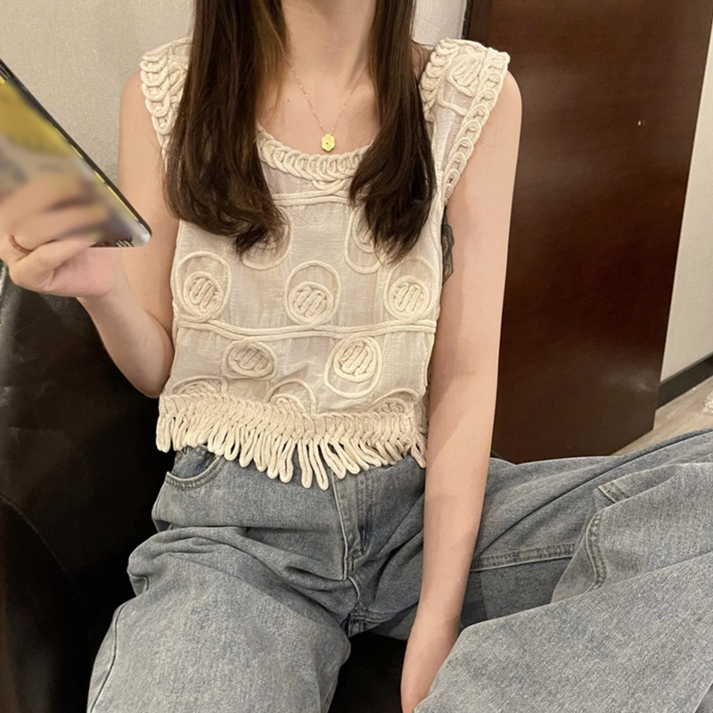 Xiangbao Áo Crop Top Dệt Kim Không Tay Khoét Lỗ Phối Tua Rua Tròn Cho Nữ