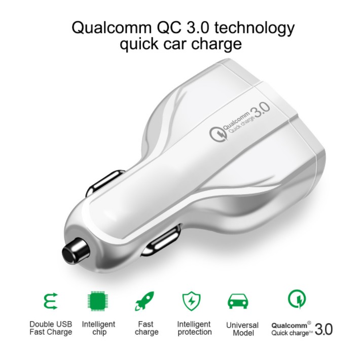 Tẩu Sạc Nhanh 3 Cổng Qualcomm QC 3.0 - Củ Sạc 3.0 FullBox Có Đèn - C1115