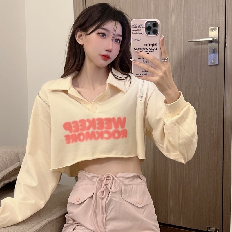 ZHELIHANGFEI Áo Thun POLO Tay Dài Eo Cao Phong Cách Mỹ Quyến Rũ