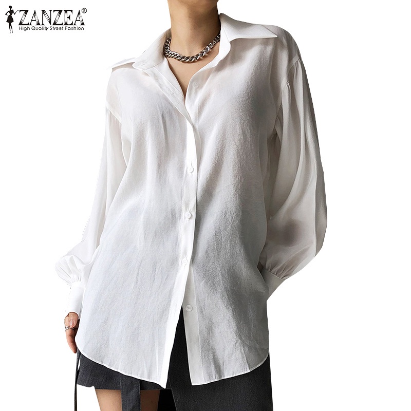 Áo sơ mi ZANZEA tay phồng dài cổ tay áo gài nút màu trơn vintage cho nữ
