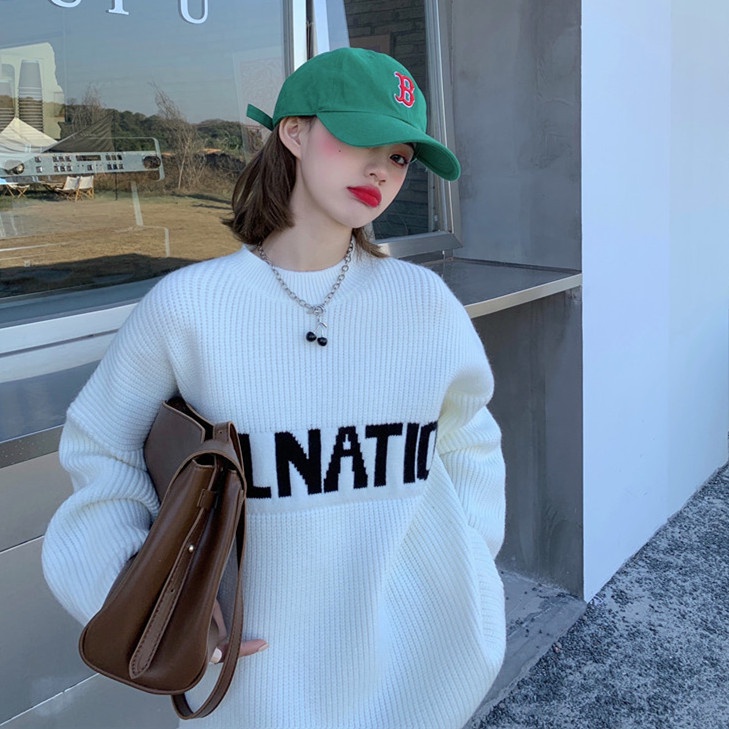 Áo sweater Pure Cube dệt kim cổ cao dáng rộng in chữ kiểu Hàn Quốc thời trang mùa đông mới cho nữ